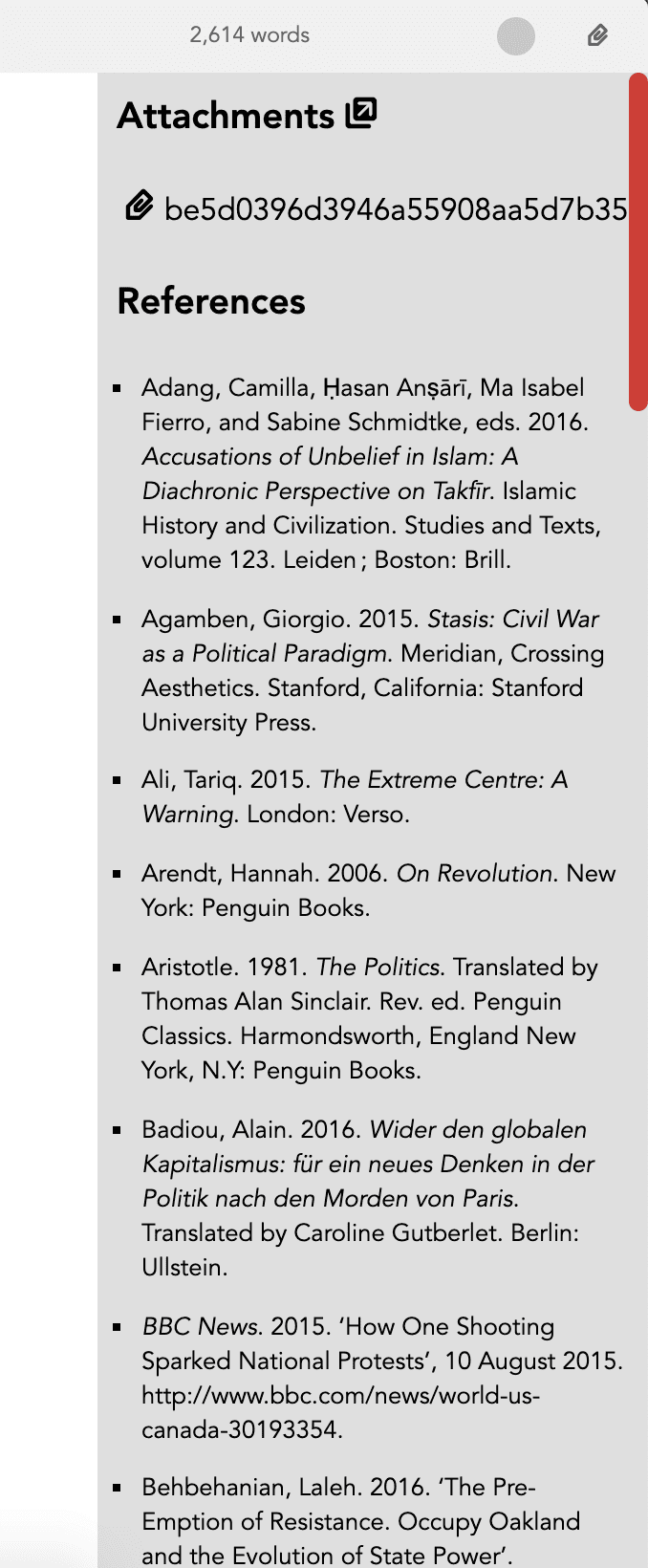 The attachment sidebar with one file and a list of references