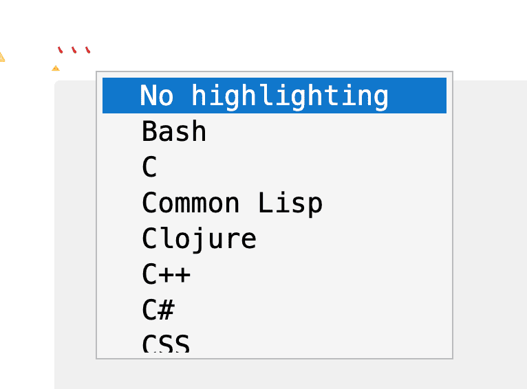 A screenshot of the code block autocomplete menu.