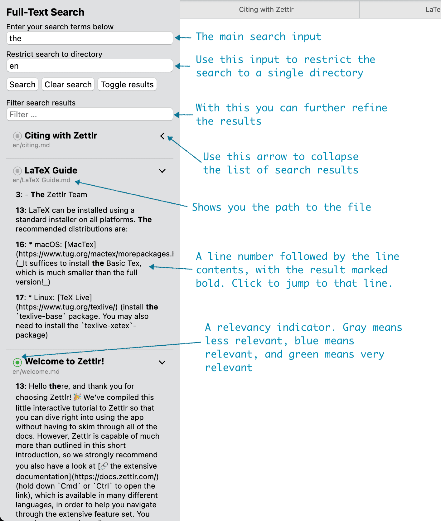 The full text search with explanations