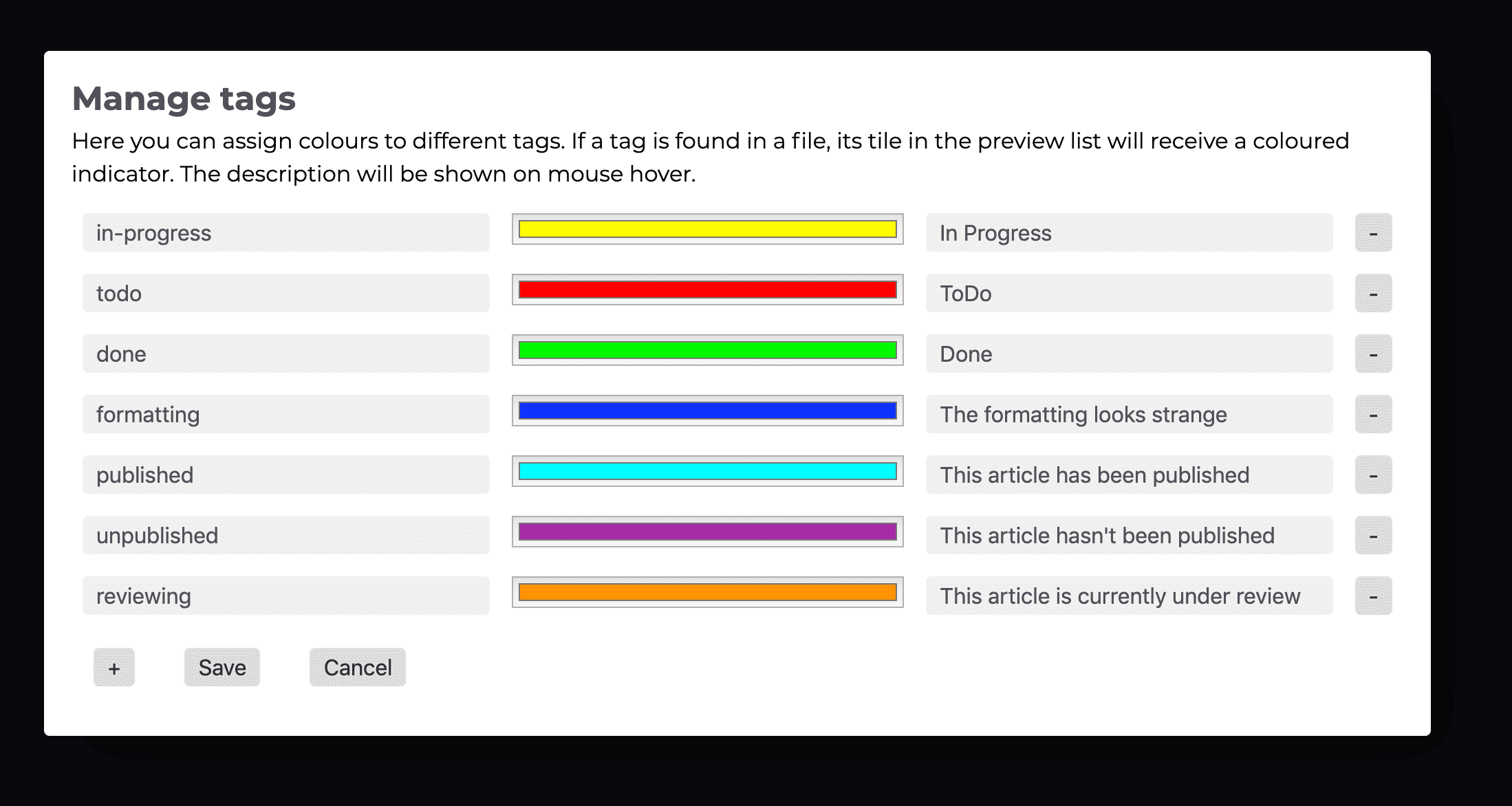 The Tags settings dialog