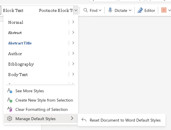 Menu location of the option to apply MS Word's default styles.