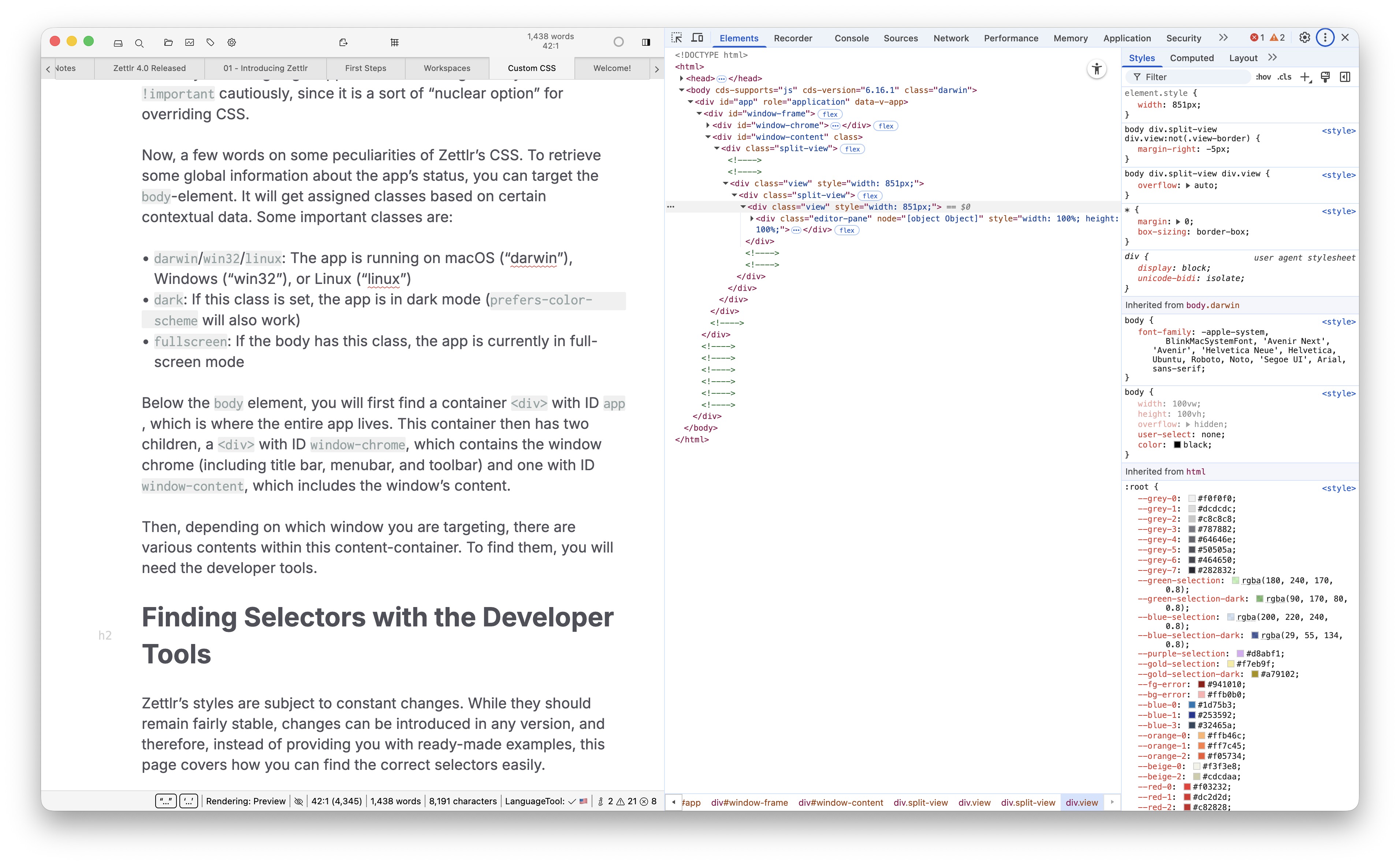 Zettlr with the developer tools open