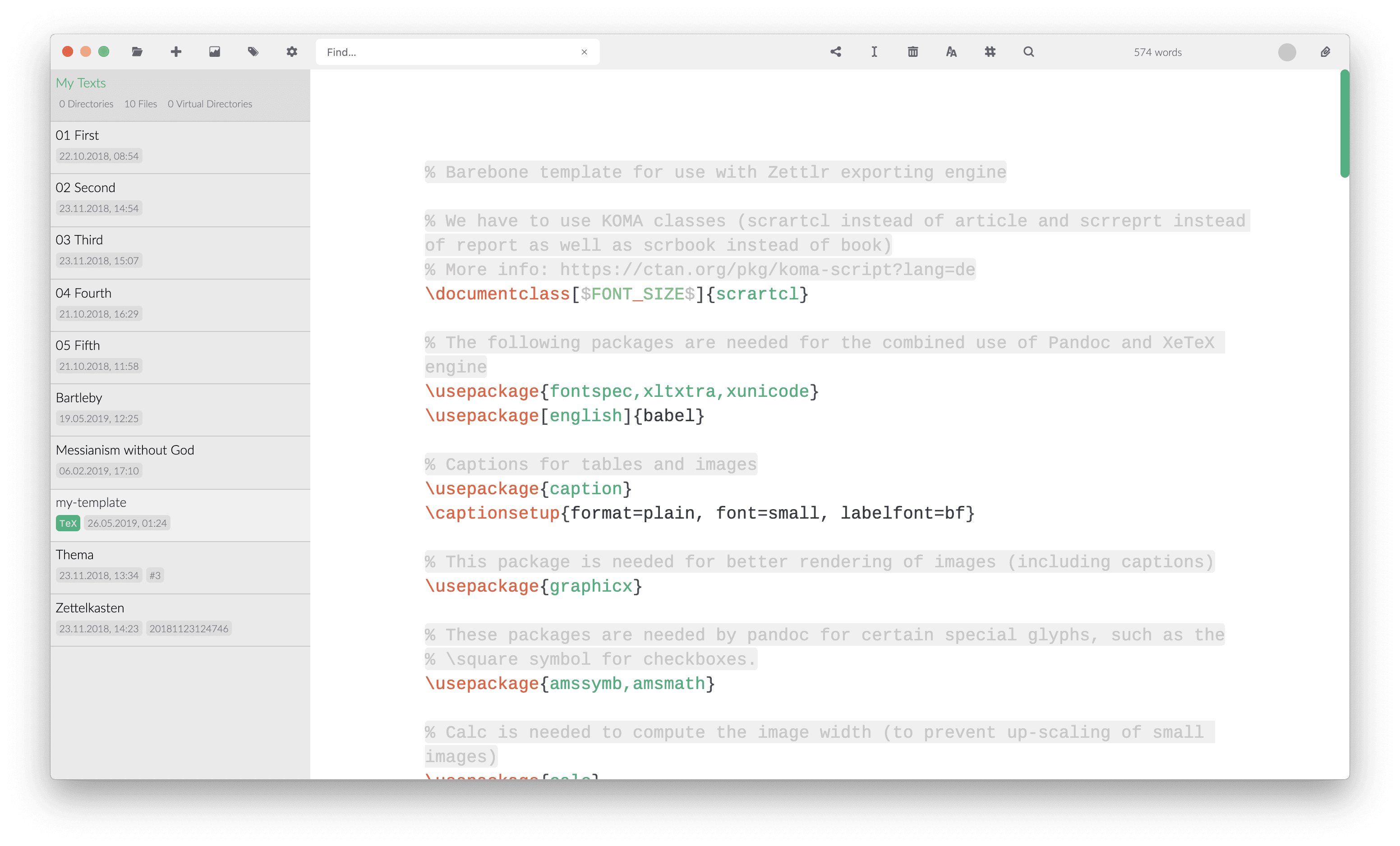 Zettlr with a TeX file open