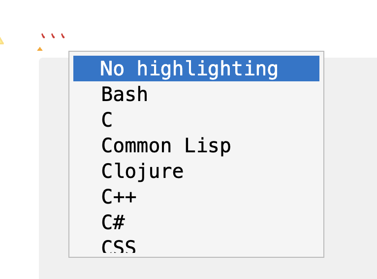 A screenshot of the code block autocomplete menu.