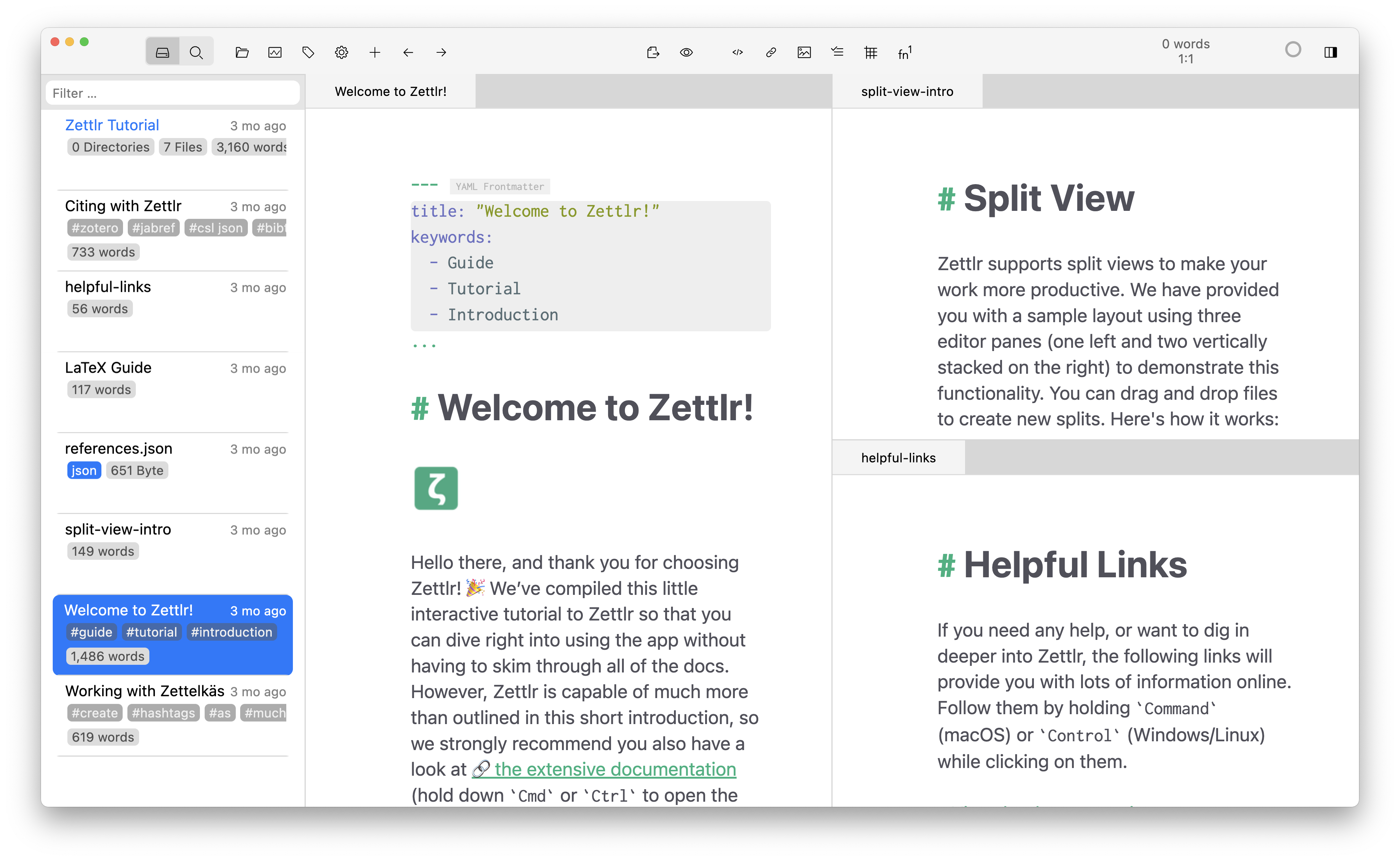 Zettlr's main application window upon the first start