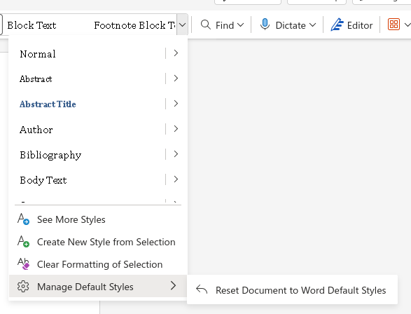 Menu location of the option to apply MS Word's default styles.