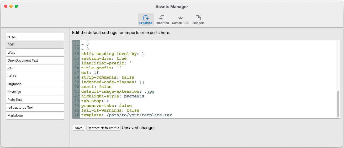 Adding Your LaTeX Template to PDF Defaults File