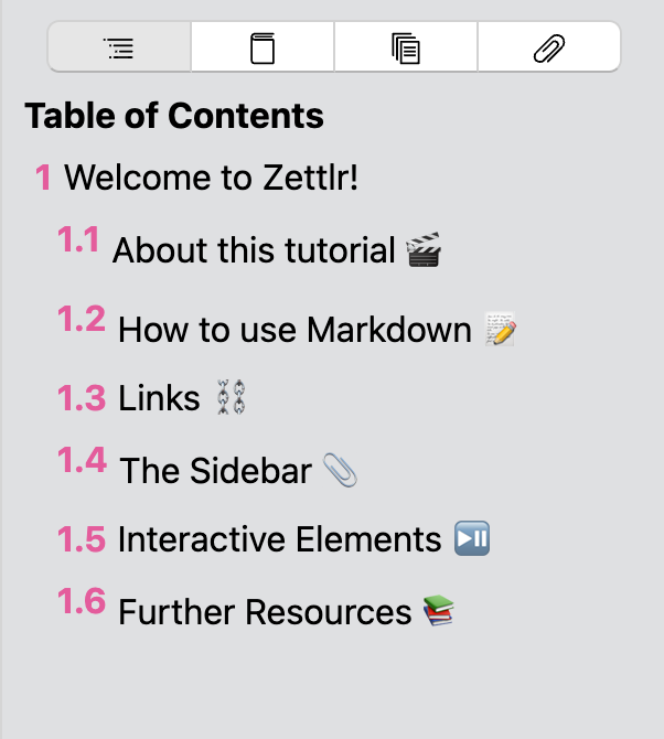 The sidebar with the first tab open, the Table of Contents