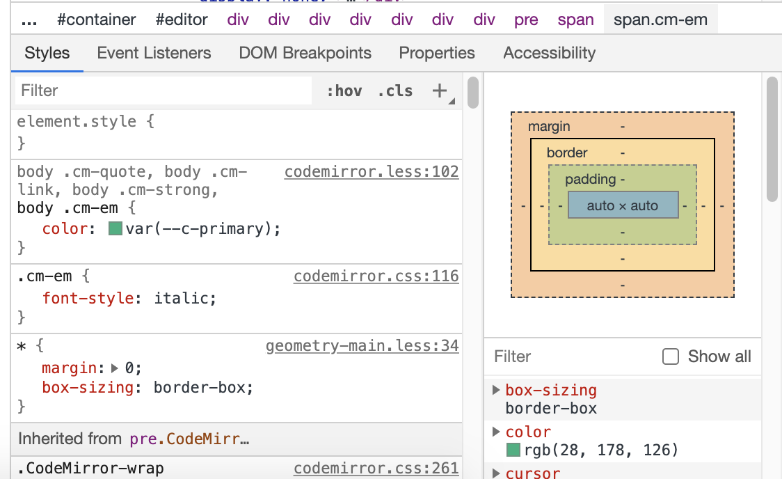 The CSS directives in the developer tools
